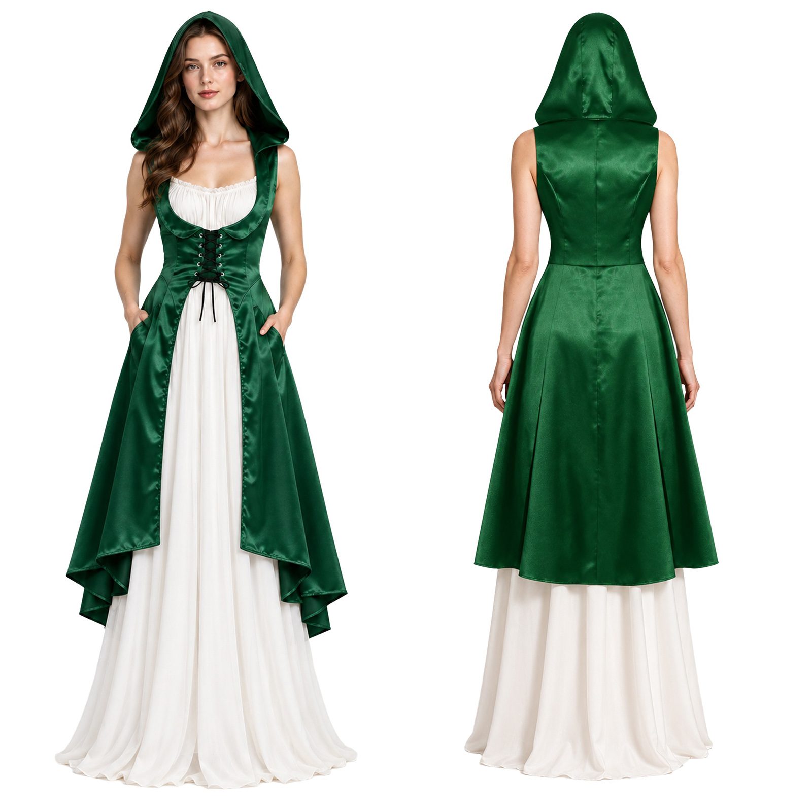 ชุดเดรสผ้าซาตินมีฮู้ดใต้หน้าอก - Medieval Renaissance Dress Women บทวิจารณ์และราคา