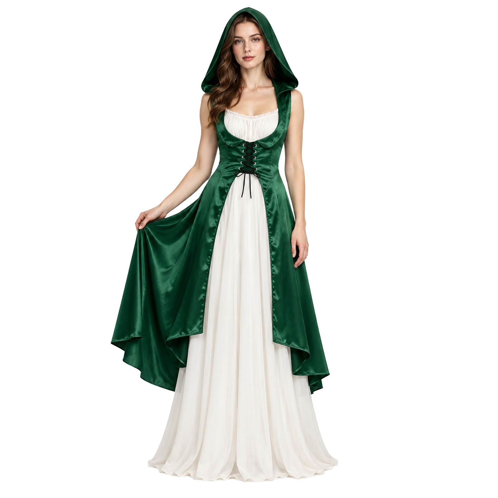 ชุดเดรสผ้าซาตินมีฮู้ดใต้หน้าอก - Medieval Renaissance Dress Women บทวิจารณ์และราคา